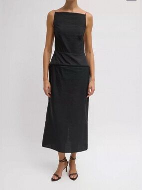 NEW Tibi Chassis Hoop Strappy Sleek Black Textured Midi Dress in Black size 2